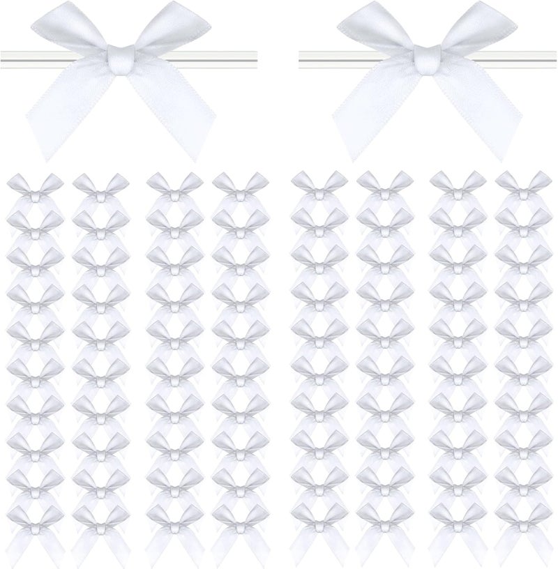 Adodotoe Christmas Twist Tie Bows, 100 Pcs Satin Twist Tie Bows for Treat Bag Satin Ribbon Tie Bows for Tying Up Packages Present Bags Bakery Candy Bags Decorating Ribbon Bow Gift Wrap Bows (White) - Image 1